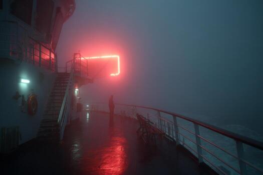 A man stands on the deck of a ship in the fog photo