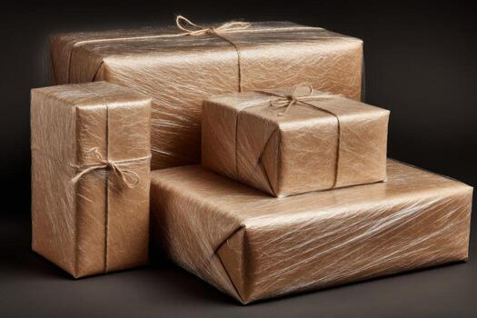Three wrapped brown boxes on a black background photo