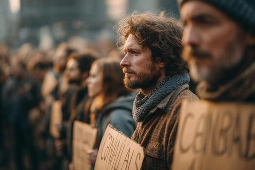 A man holding a sign in front of a crowd photo