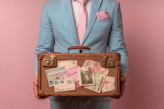 A man in a suit holding a suitcase with old documents photo