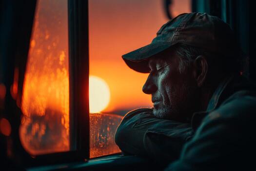 A man in a cap looks out the window at sunset photo