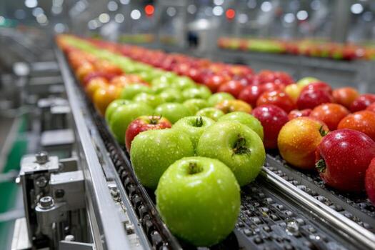 Apples are being sorted on a conveyor belt photo