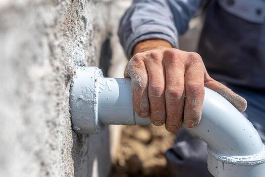A man is fixing a pipe with a white pipe photo
