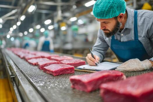 A man in an apron writing on a clipboard while working on a meat production line photo
