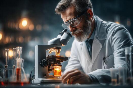 A man in a lab coat is looking through a microscope photo