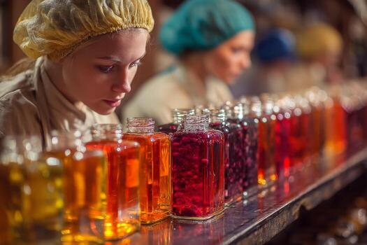 A woman in a hat is looking at jars of different colored liquids photo