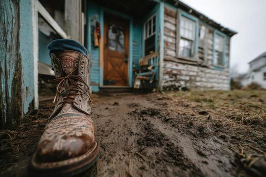 A pair of boots in front of a small house photo