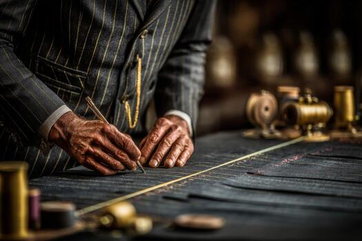 A man in a suit is writing on a piece of fabric photo