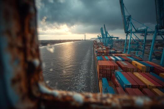 A view of a container ship from inside a window photo
