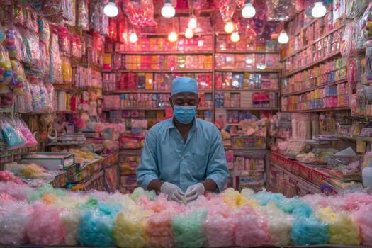 A man in a face mask is working in a store filled with candy photo