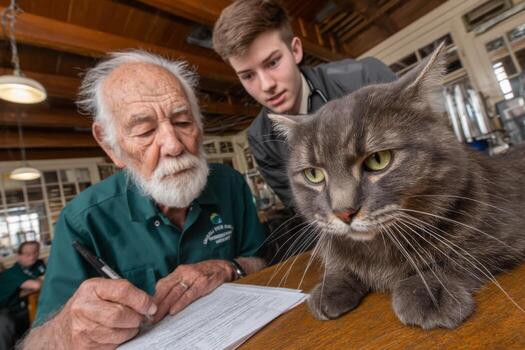 A man and an older man are looking at a cat photo