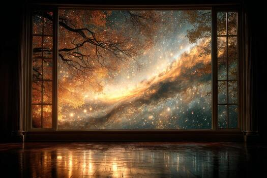 A window with a view of the night sky photo