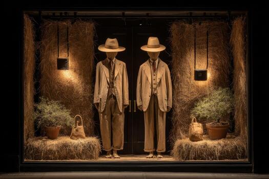 A window display with two mannequins wearing hats photo