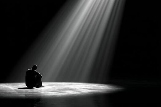 A man sitting in the dark with a spotlight shining on him photo