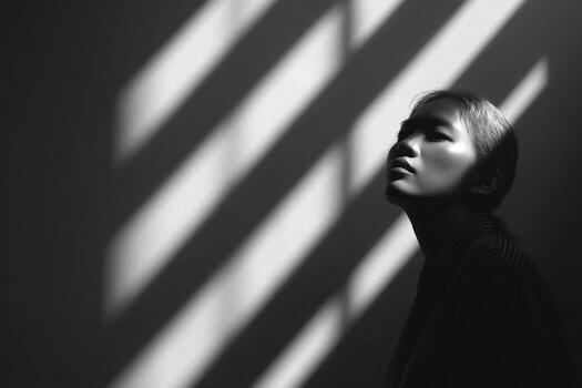 A woman is standing in front of a wall with sunlight coming through the window photo