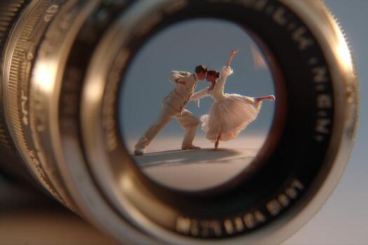 A camera lens with a couple dancing through it photo