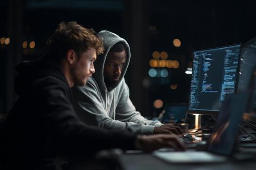 dos hombres en sudaderas trabajando en ordenadores foto