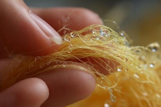 A person holding a yellow string of yarn photo