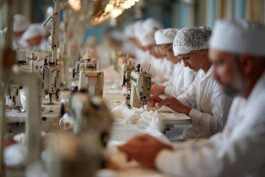 Workers in white uniforms working on sewing machines photo