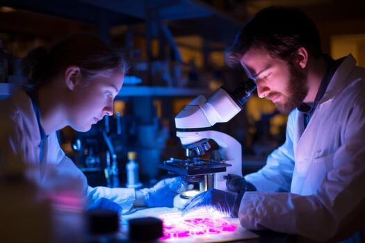 Two people in lab coats looking at a microscope photo