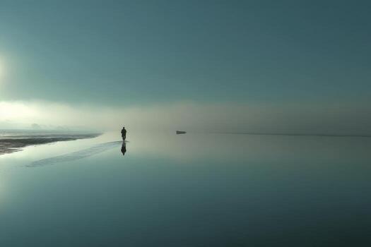 A man walking on the beach in the fog photo