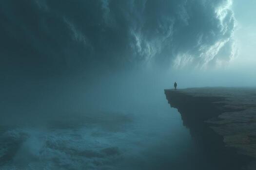 A man stands on the edge of a cliff looking at the ocean photo