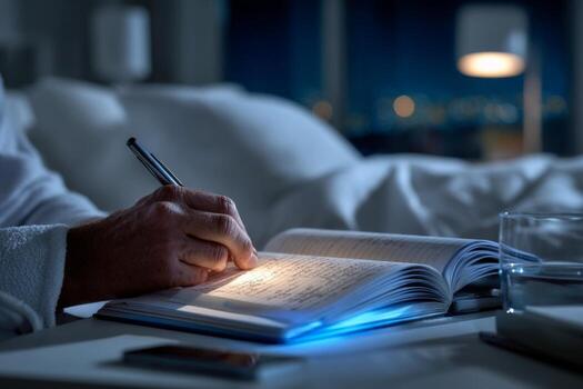 A person is writing in a book with a pen photo