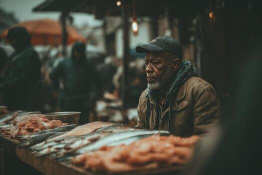 A man sitting at a table with fish on it photo
