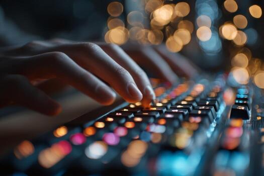 A person is using a keyboard on a dark background photo