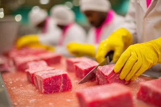 Meat processing workers cutting meat on a conveyor belt photo