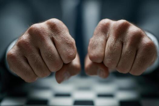 Two hands in business attire on a chess board photo