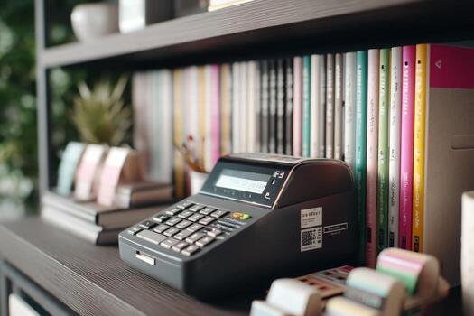 A desk with a cash register and a stack of books photo
