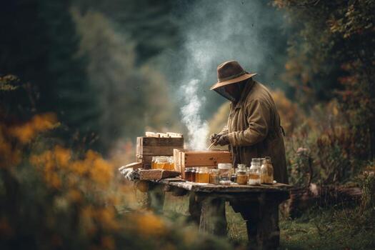 A man in a hat and coat is standing in front of a table with honey photo