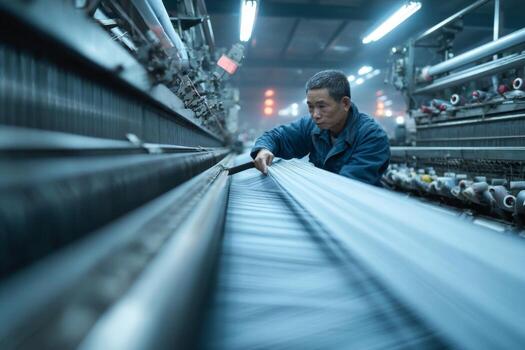 A man working on a textile machine in a factory photo