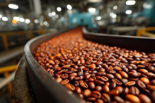 Coffee beans are being processed on a conveyor belt photo