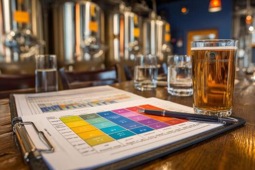 A beer glass, a pen and a menu on a table photo