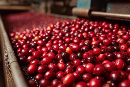 Cranberries are being processed at a factory photo