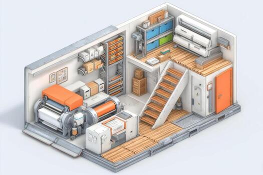 An isometric view of a room with stairs and a desk photo
