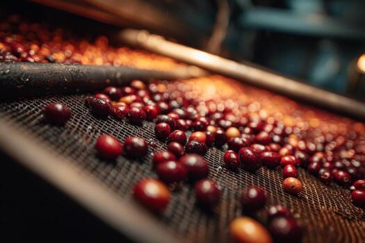 Coffee beans are being processed in a factory photo