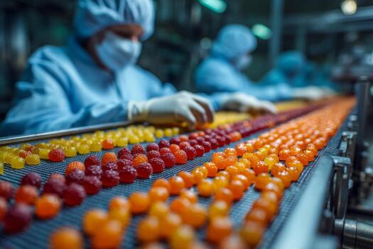 Food processing workers in blue uniforms working on a conveyor belt photo