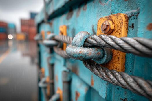 A close up of a rusty metal chain and a rusty blue container photo