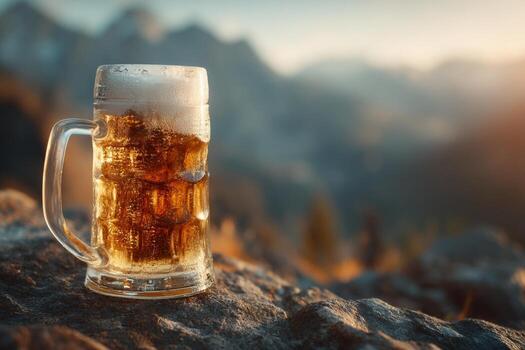 A beer mug on a rock in front of a mountain photo