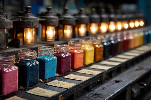 Colorful ink bottles on a machine photo