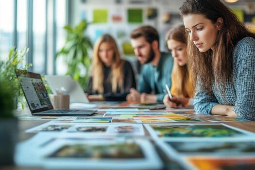 A group of people sitting at a table with a laptop photo