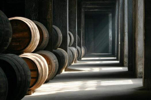 A row of barrels in a cellar photo