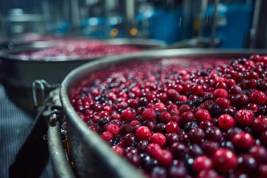 Cranberries are being processed in a factory photo