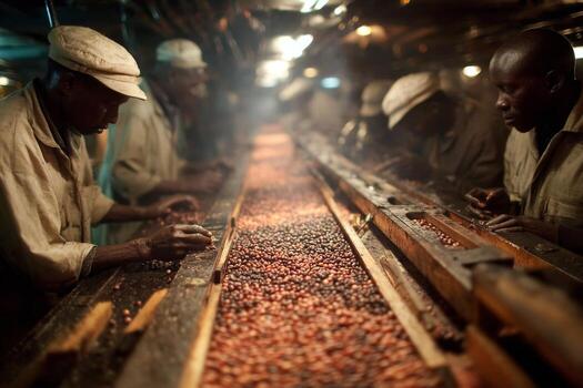 Workers sorting cocoa beans at a factory photo