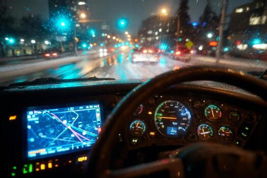 A view of the dashboard of a truck on a snowy street photo