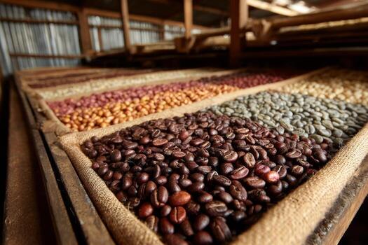 Coffee beans are sorted and stored in a warehouse photo