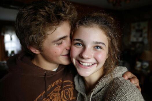 A young boy and girl are smiling and hugging photo